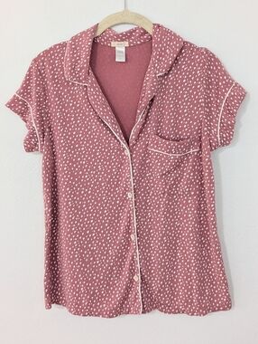 Eberjey Printed Short Sleeve Button Front Pajama Shirt Front Pocket Pink Small S